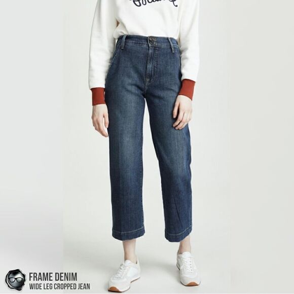 FRAME DENIM WIDE LEG CROPPED JEANS IN MOSEY BLUE STRETCH DENIM WOMEN’S SIZE 28 - Picture 5 of 15